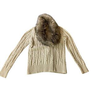 Boston Proper Beige Cable Knit Cardigan Sweater Faux Fur Collar Medium